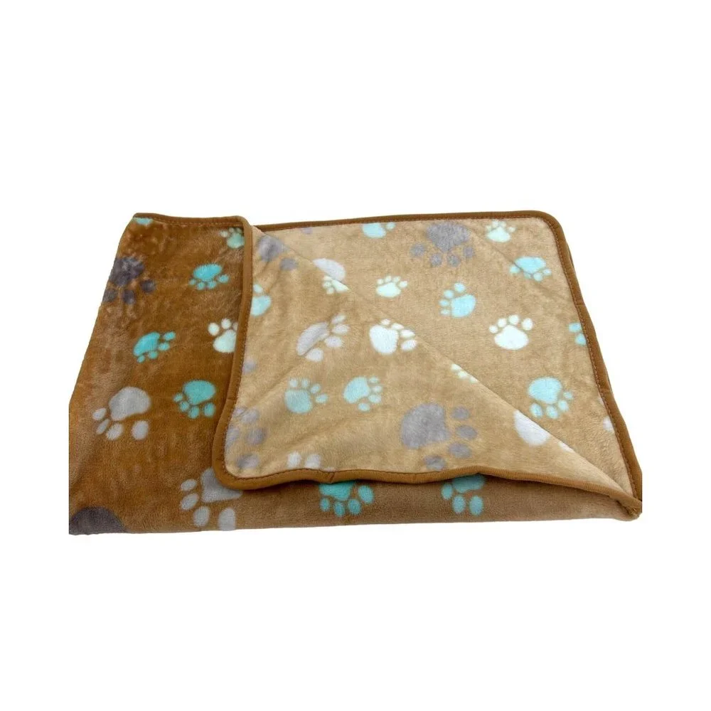 Dog Blanket Brown Tan Paw Print Soft Piping Edge 31”x 41” Blue Turquoise Grey